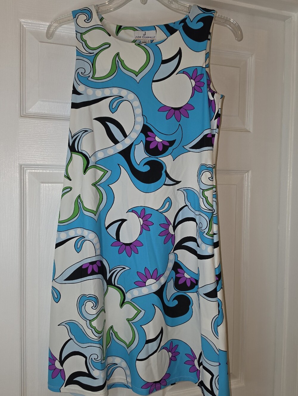 Jude Connally Turquoise, White & Black Floral A-Line Dress